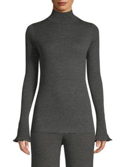 Shop Lafayette 148 Ribbed Wool Bell-sleeve Sweater In Smoke