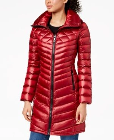Shop Calvin Klein Hooded Packable Down Puffer Coat In Pearlized Crimson