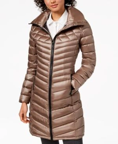 Shop Calvin Klein Hooded Packable Down Puffer Coat In Shine Taupe