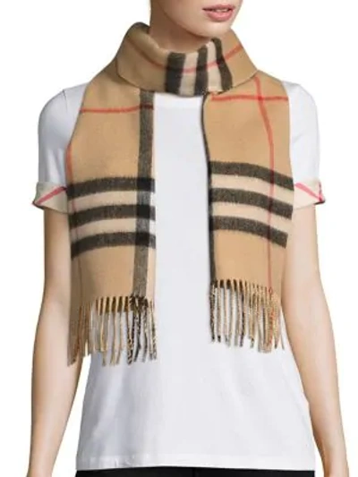 Shop Burberry Reversible Metallic Check Cashmere Scarf In Camel