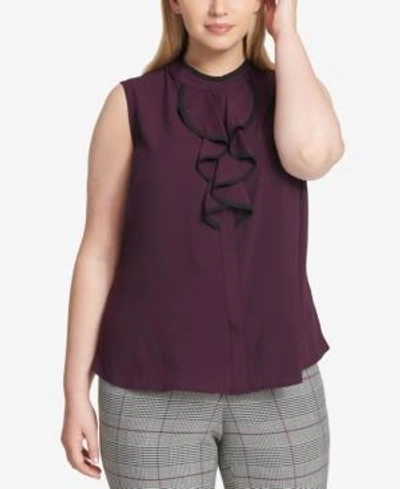 Shop Calvin Klein Plus Size Ruffle-front Shell In Aubergine