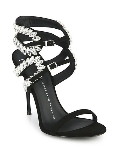 Shop Giuseppe Zanotti Strappy Crystal-embroidered Suede Sandals In Black