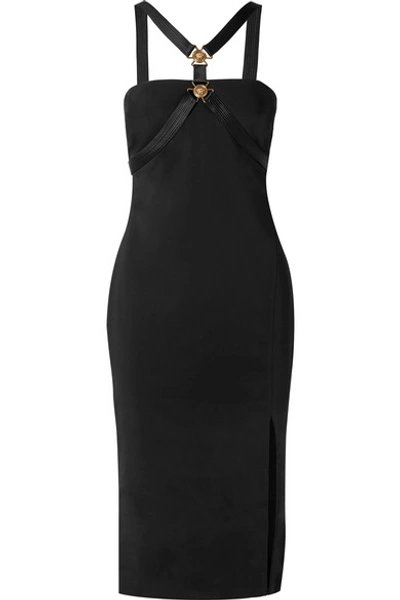 Shop Versace Embellished Satin-trimmed Crepe Midi Dress In Black