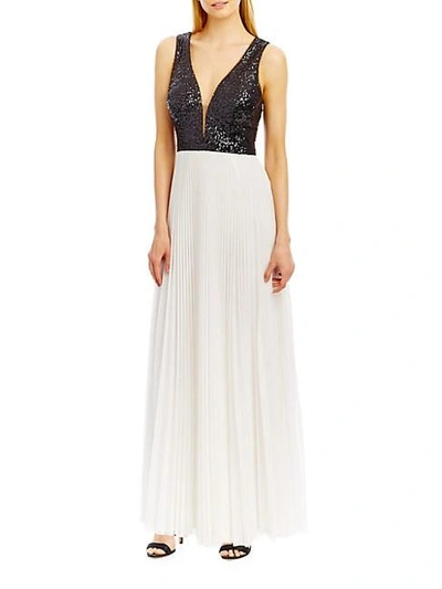 Shop Nicole Miller Deep-v Accented A-line Pleated Gown In Black Royal