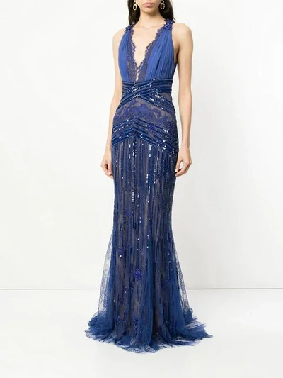 Shop Zuhair Murad Plunge Neck X Back Gown In Blue