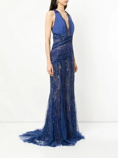 Shop Zuhair Murad Plunge Neck X Back Gown In Blue