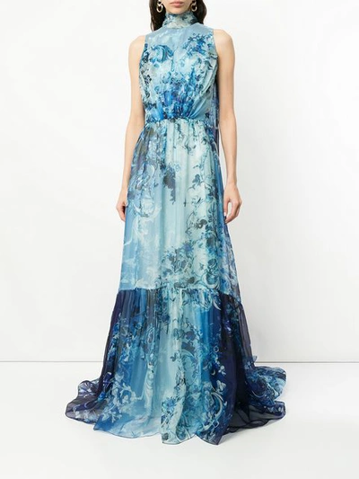 Shop Isabel Sanchis Baroque Floral Printed Gown With Dramaticcape Back - Blue