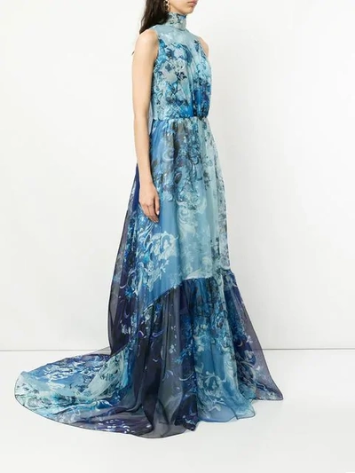 Shop Isabel Sanchis Baroque Floral Printed Gown With Dramaticcape Back - Blue