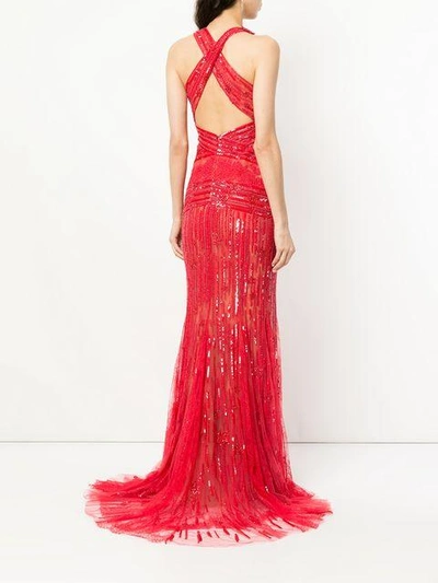 Shop Zuhair Murad Plunge Neck X Back Gown - Red