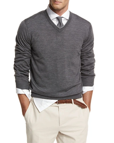 Shop Brunello Cucinelli Fine-gauge Tipped V-neck Sweater In Medium Gray