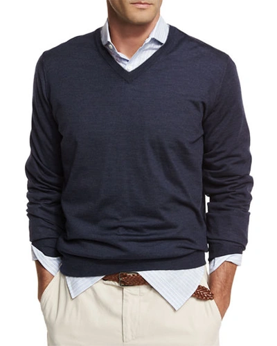 Shop Brunello Cucinelli Fine-gauge Tipped V-neck Sweater In Indigo