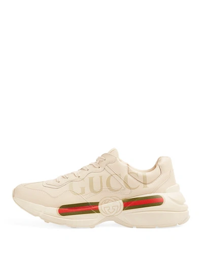 Shop Gucci Men's Rhyton Logo Leather Sneakers In Ivory