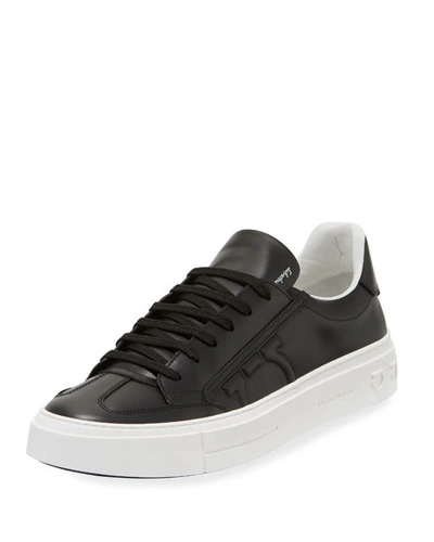 Shop Ferragamo Men's Borg Leather Low-top Sneakers, Black