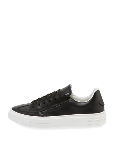 Shop Ferragamo Men's Borg Leather Low-top Sneakers, Black