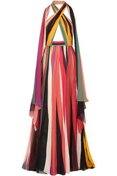 Shop Elie Saab Woman Striped Silk-blend Georgette Halterneck Gown Multicolor