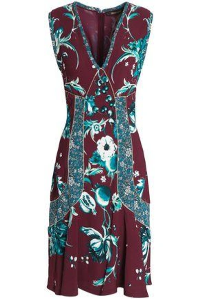 Shop Roberto Cavalli Flared Metallic-trimmed Floral-print Crepe Dress In Burgundy