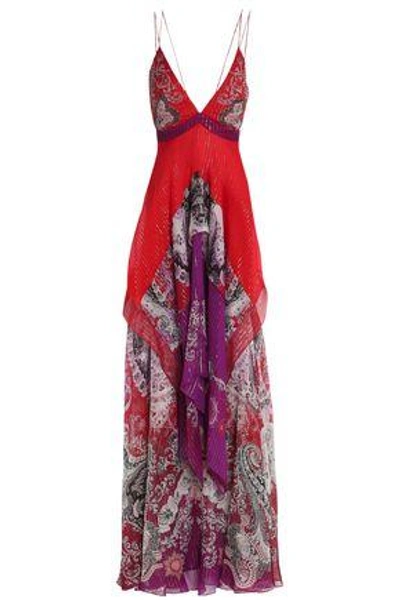 Shop Roberto Cavalli Woman Paneled Metallic Printed Silk-blend Crepe Maxi Dress Multicolor