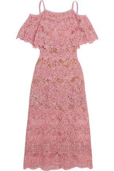 Shop Elie Saab Woman Cold-shoulder Cotton-blend Lace Midi Dress Pink