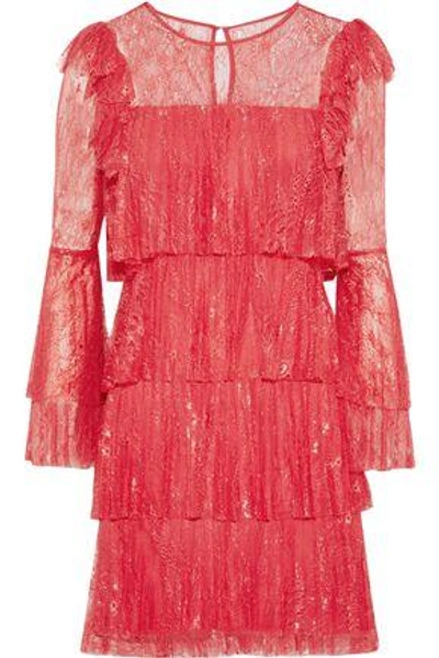 Badgley Mischka Tiered Pleated Lace Mini Dress In Tomato Red