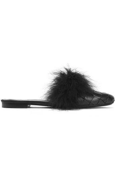 Shop Marco De Vincenzo Woman Feather-embellished Basketweave Leather Slippers Black