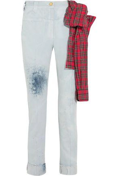 Shop Ronald Van Der Kemp Cropped Flannel-trimmed Painted High-rise Slim-leg Jeans In Light Denim