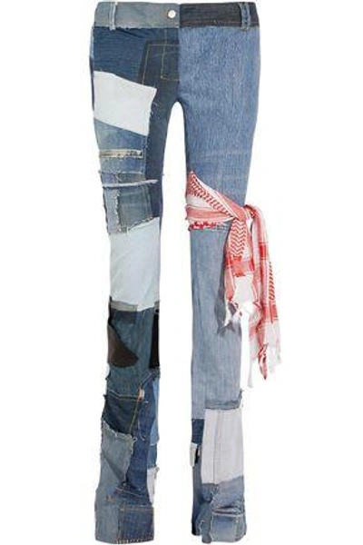 Shop Ronald Van Der Kemp Woman Distressed Patchwork Low-rise Bootcut Jeans Mid Denim