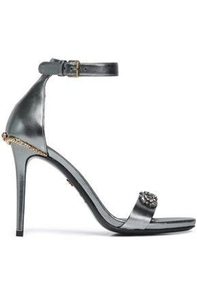 Shop Roberto Cavalli Woman Embellished Metallic-leather Sandals Gray