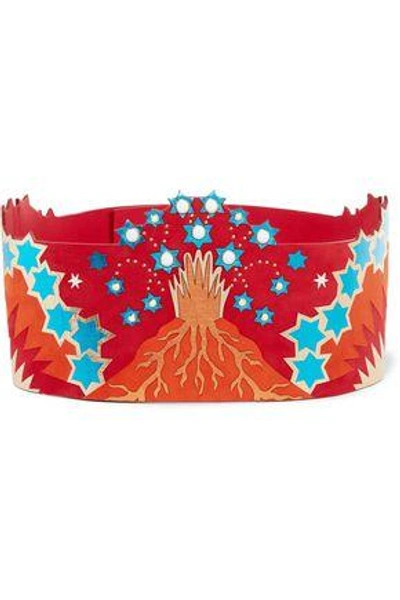 Shop Valentino Woman Embellished Metallic Leather And Suede Waist Belt Red