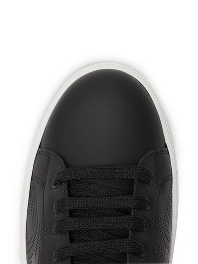 Shop Burberry Perforated Check Leather Sneakers In Black