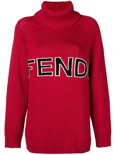 Shop Fendi Intarsia Logo Knitted Sweater In Red