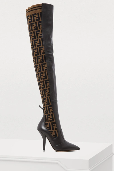 Shop Fendi Rockoko Heeled Thigh-high Boots In Ebano+tabacco Nero