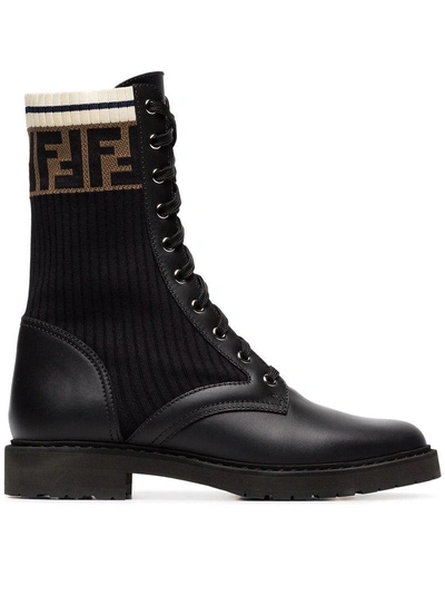 Shop Fendi Black And Brown Rockoko Ff Logo Leather Boots