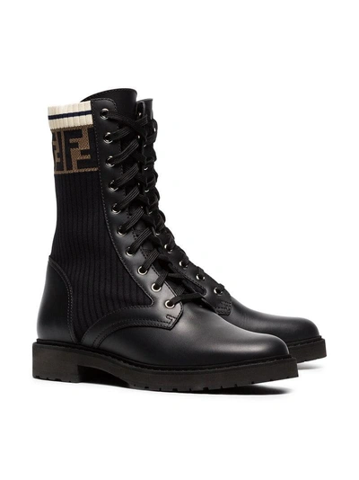 Shop Fendi Black And Brown Rockoko Ff Logo Leather Boots