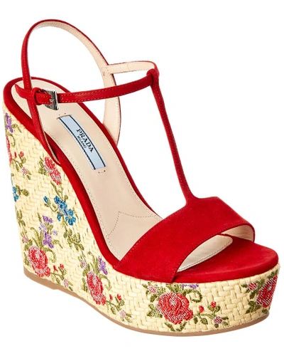 Shop Prada 130 Floral Woven Suede Wedge Sandal In Red