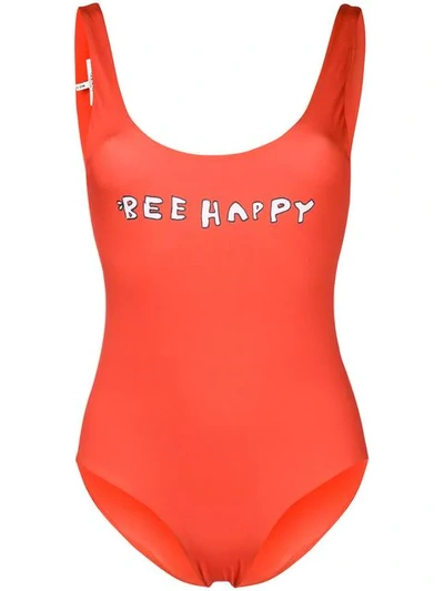 Shop Ganni Bee Happy Swimsuit In Red