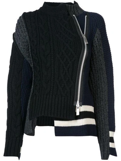 Shop Sacai Zip-up Patch Knit Sweater - Black