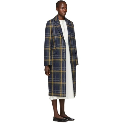 Shop Acne Studios Blue And Brown Plaid Long Coat In Blue/brown
