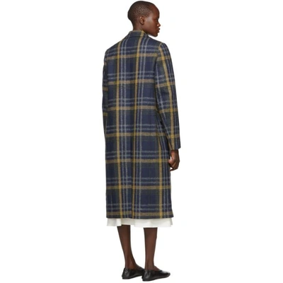 Shop Acne Studios Blue And Brown Plaid Long Coat In Blue/brown