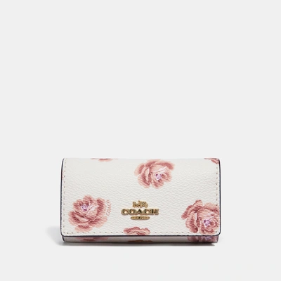 Shop Coach Six Ring Key Case With Rose Print In Chalk Rose Print/light Gold