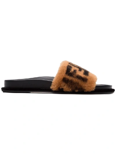 Shop Fendi Black And Brown Ff Logo Shearling Slides