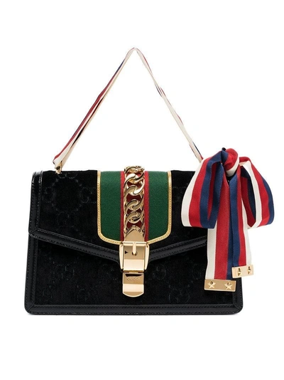 Shop Gucci Black Sylvie Chain-embellished Velvet Shoulder Bag