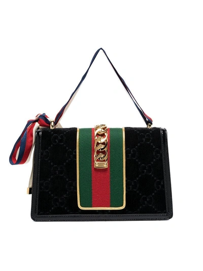 Shop Gucci Black Sylvie Chain-embellished Velvet Shoulder Bag
