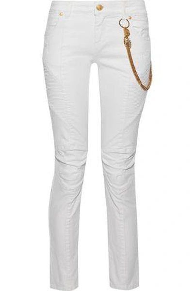 Shop Pierre Balmain Woman Moto-style Embellished Distressed Low-rise Skinny Jeans White