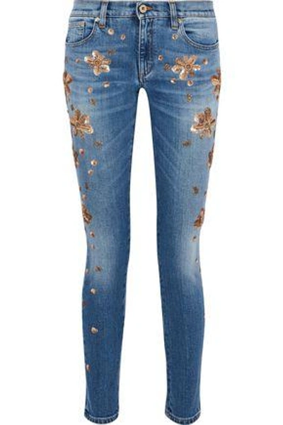 Shop Roberto Cavalli Woman Embellished Faded Low-rise Skinny Jeans Mid Denim
