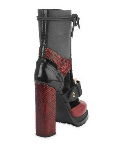 Shop Burberry Westmarsh Cutout Leather & Snakeskin Block-heel Booties In Burgundy