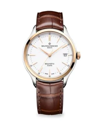 Shop Baume & Mercier Clifton Baumatic Two-tone Stainless Steel Alligator Strap Watch In Brown