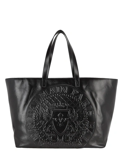 Shop Balmain Stamped Medallion Logo Leather Tote Bag