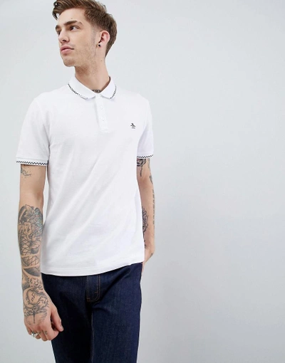 Shop Original Penguin Check Tipping Polo Slim Fit Embroidred Logo In White - White