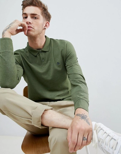 Shop Original Penguin Long Sleeve Pique Polo Small Logo In Green Marl - Green