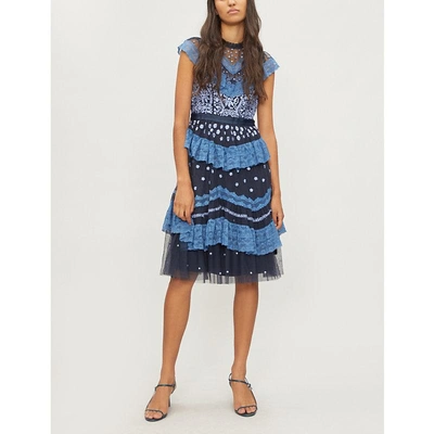 Shop Needle & Thread Astra Embroidered-tulle Dress In Dust Navy